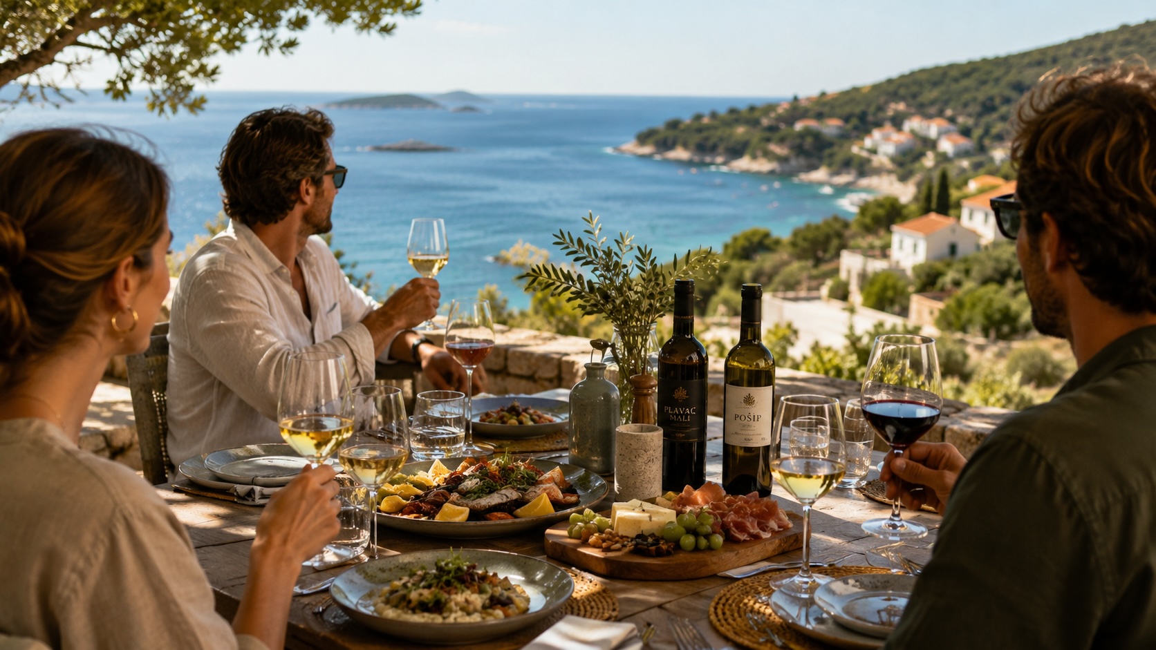 Wijn en gerechten aan tafel aan de Kroatische kust